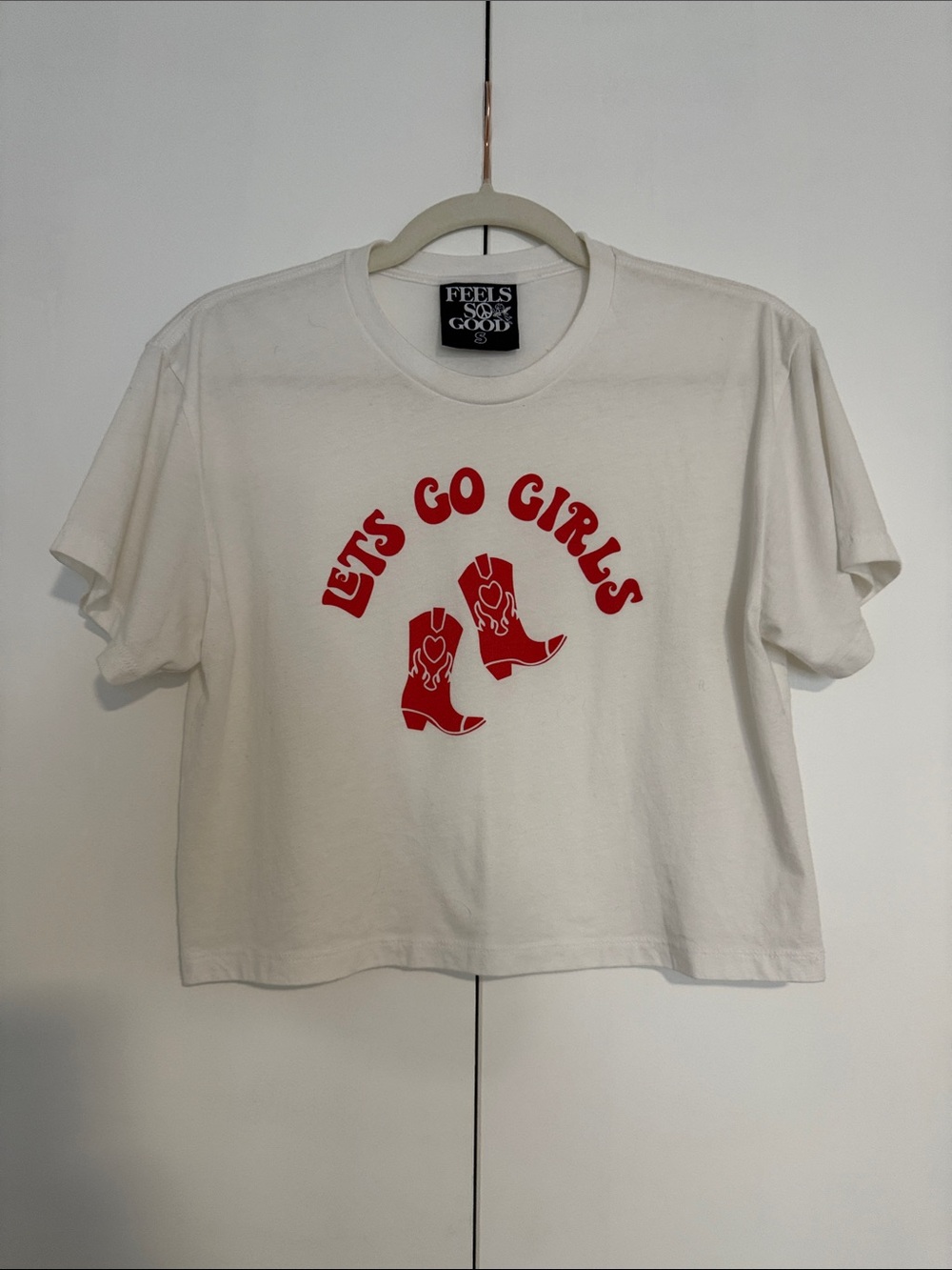 White Cropped “Let’s go girls” Graphic Tee with Red Boots